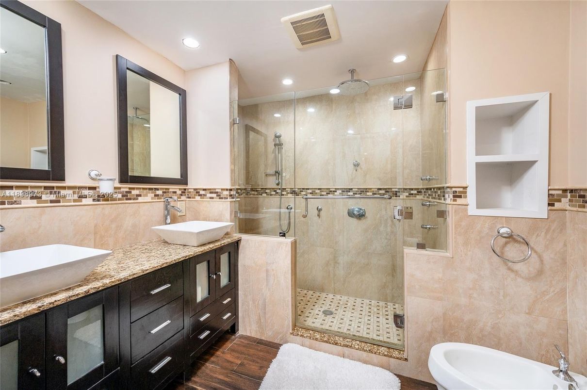 Bathroom, Dual Sink Vanities, Glass Shower, Interior, Recessed Lighting, Wood Texture Flooring