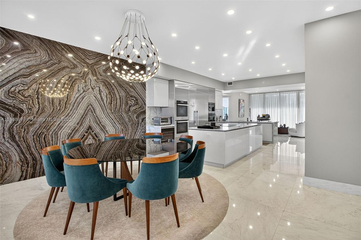 Dining room, Interior, Kitchen, Marble, Pendant Lights, Recessed Lighting, Stainless Steel Appliances