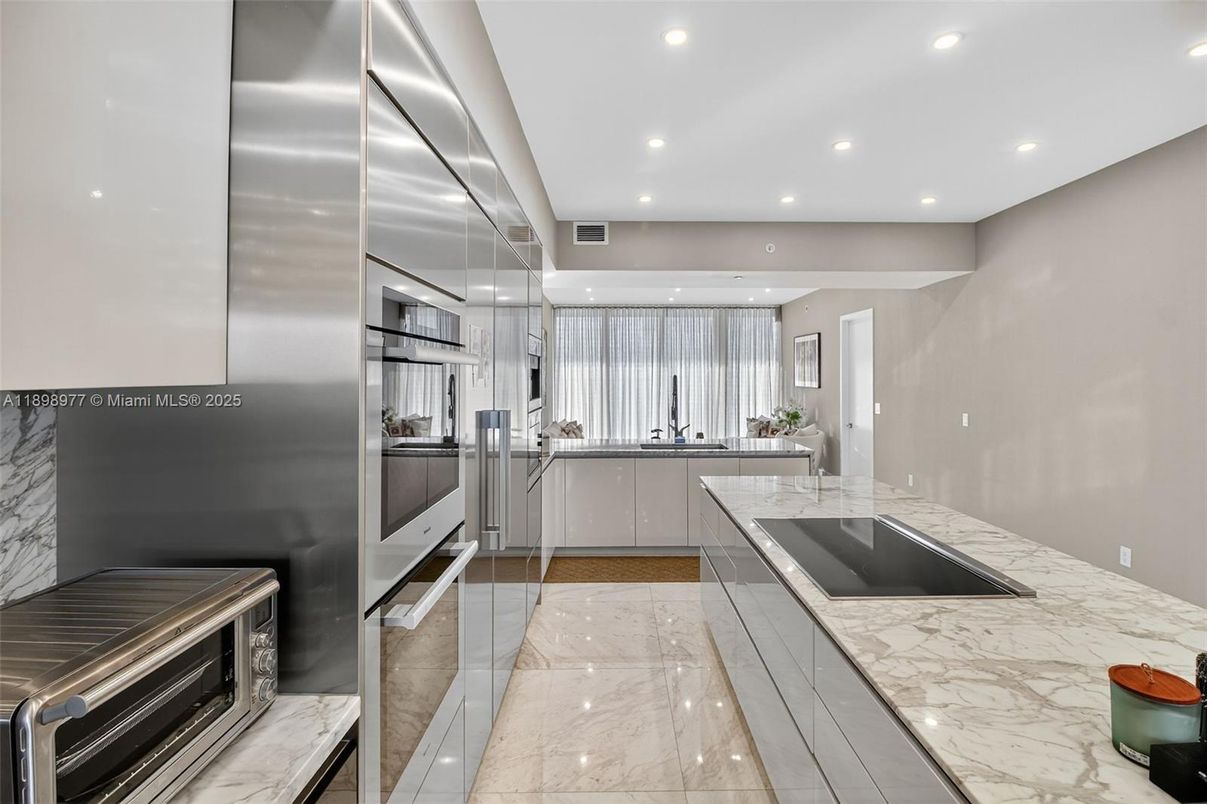 Interior, Kitchen, Marble, Recessed Lighting, Stainless Steel Appliances