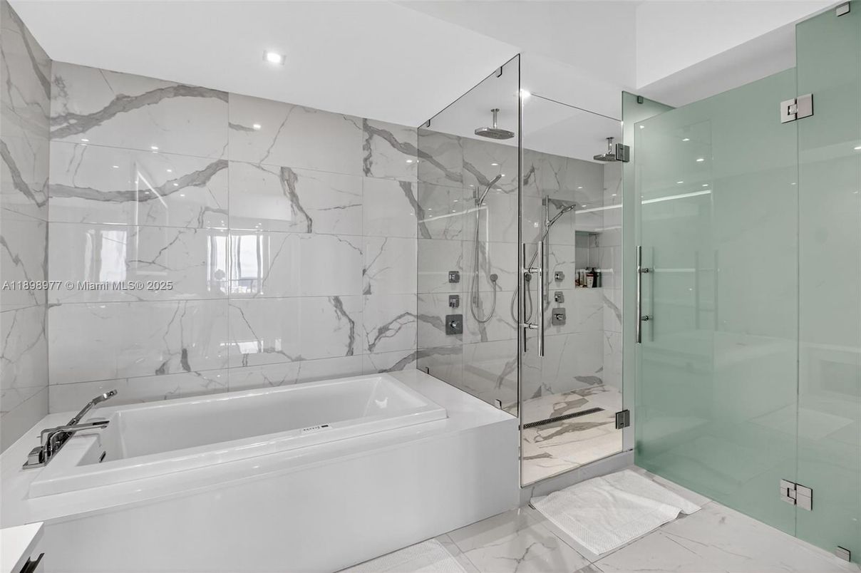 Bathroom, Glass Shower, Interior, Marble, Marble Walls, Recessed Lighting