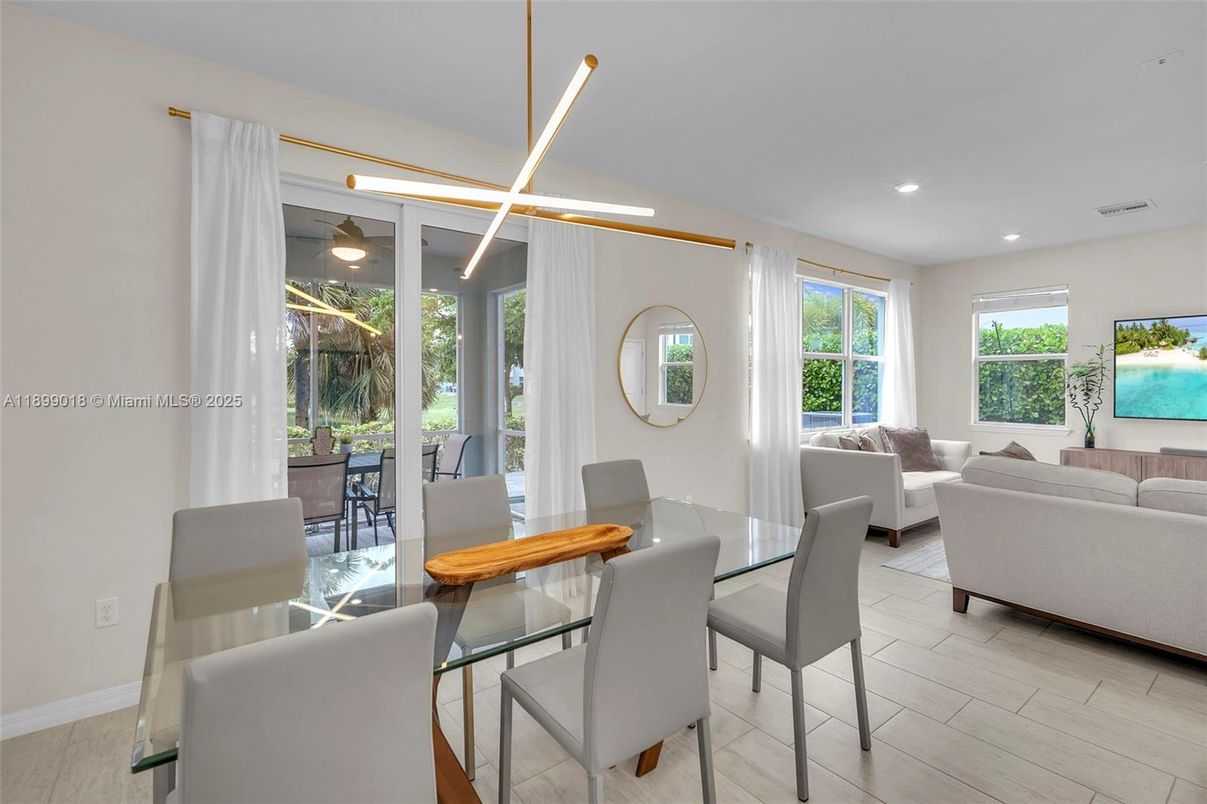 Dining room, Interior, Living room, Recessed Lighting, Water, Wood Texture Flooring