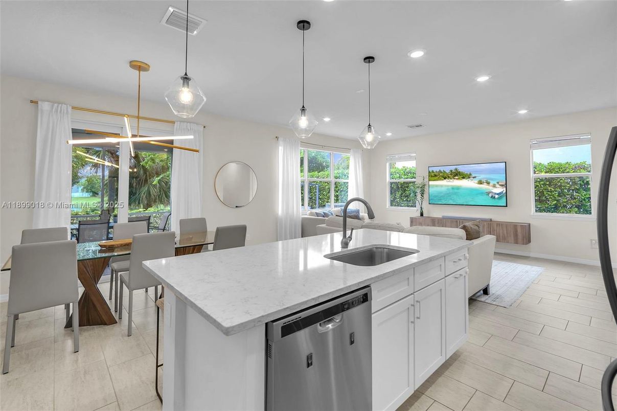 Dining room, Interior, Kitchen, Pendant Lights, Recessed Lighting, Water, Wood Texture Flooring