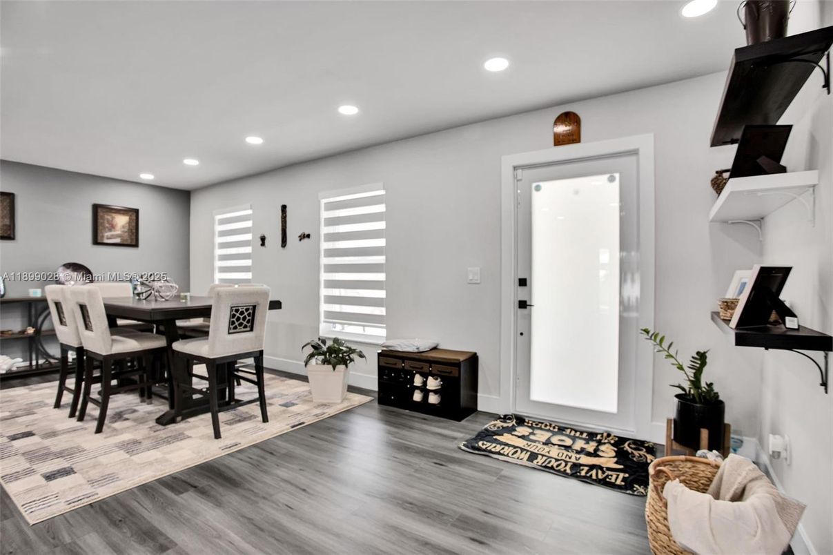 Dining room, Interior, Recessed Lighting, Wood Texture Flooring