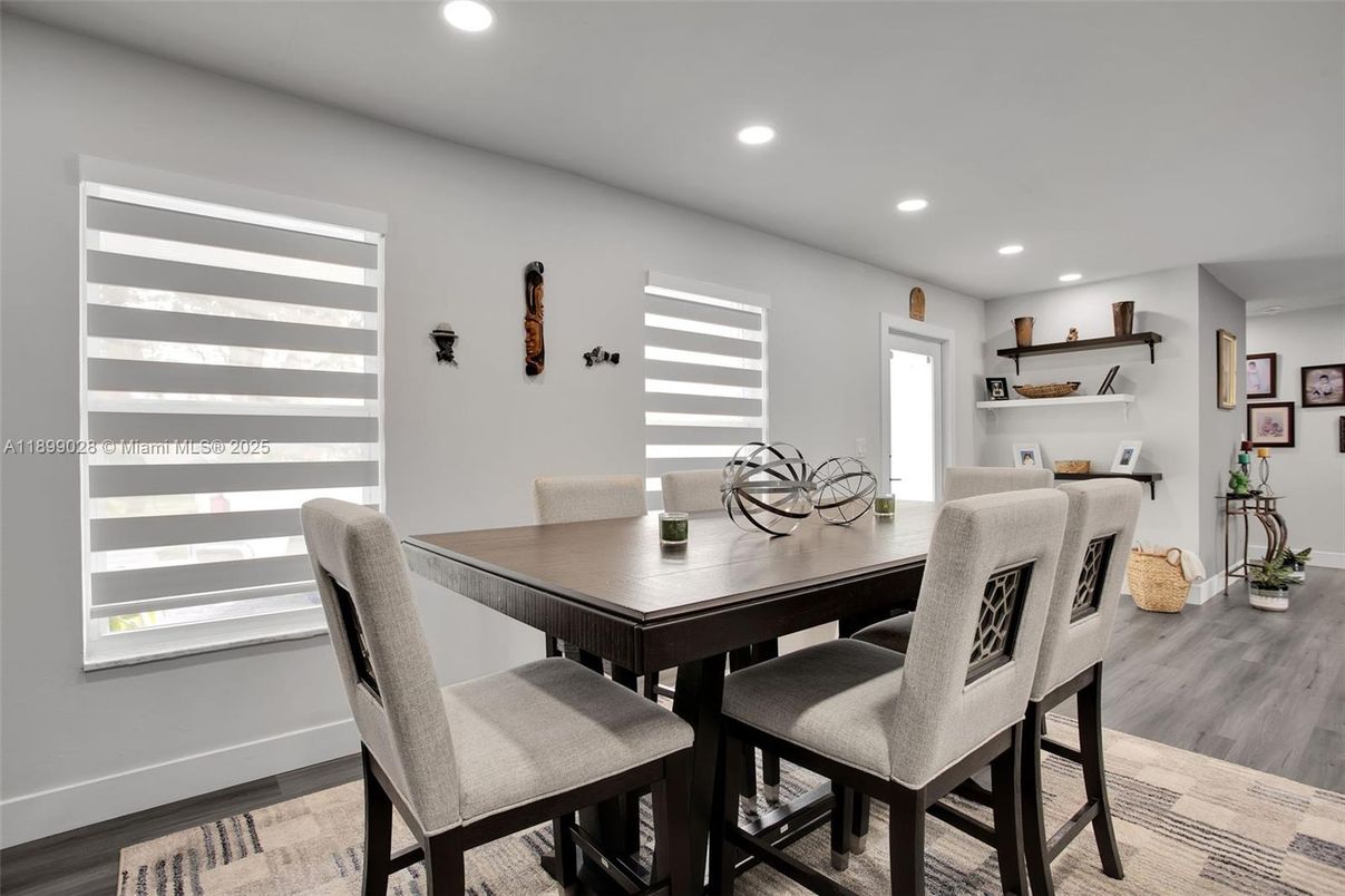 Dining room, Interior, Recessed Lighting, Wood Texture Flooring