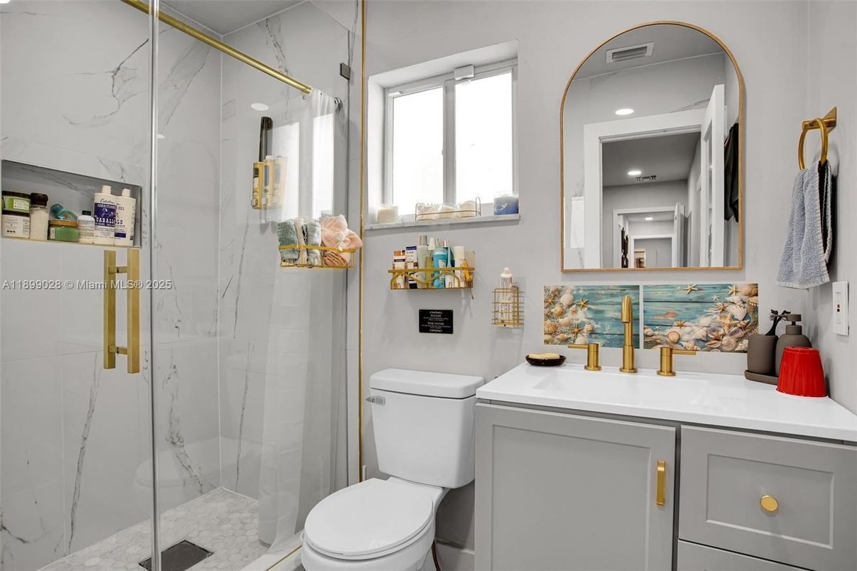 Bathroom, Glass Shower, Interior, Marble Walls, Recessed Lighting