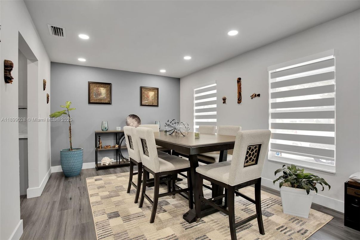 Dining room, Interior, Recessed Lighting, Wood Texture Flooring