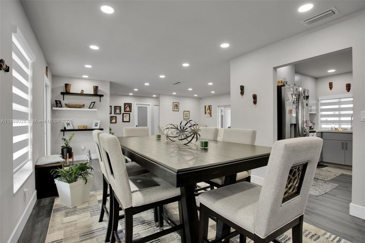 Dining room, Interior, Recessed Lighting, Wood Texture Flooring