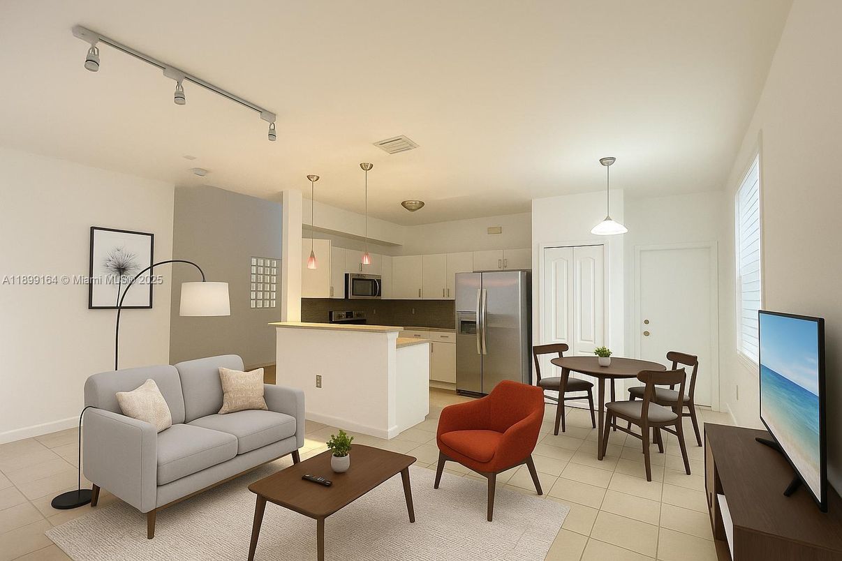 Dining room, Interior, Kitchen, Living room, Pendant Lights, Stainless Steel Appliances