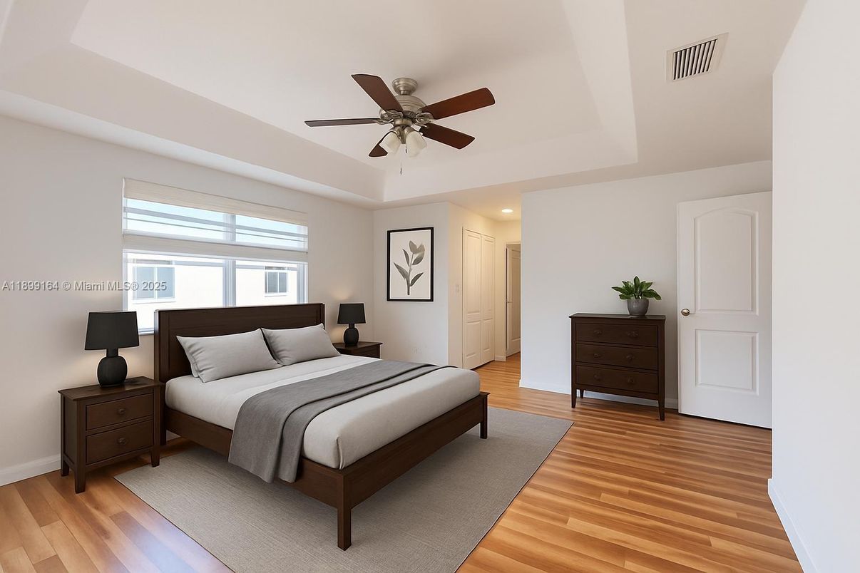 Bedroom, Interior, Recessed Lighting, Wood Texture Flooring