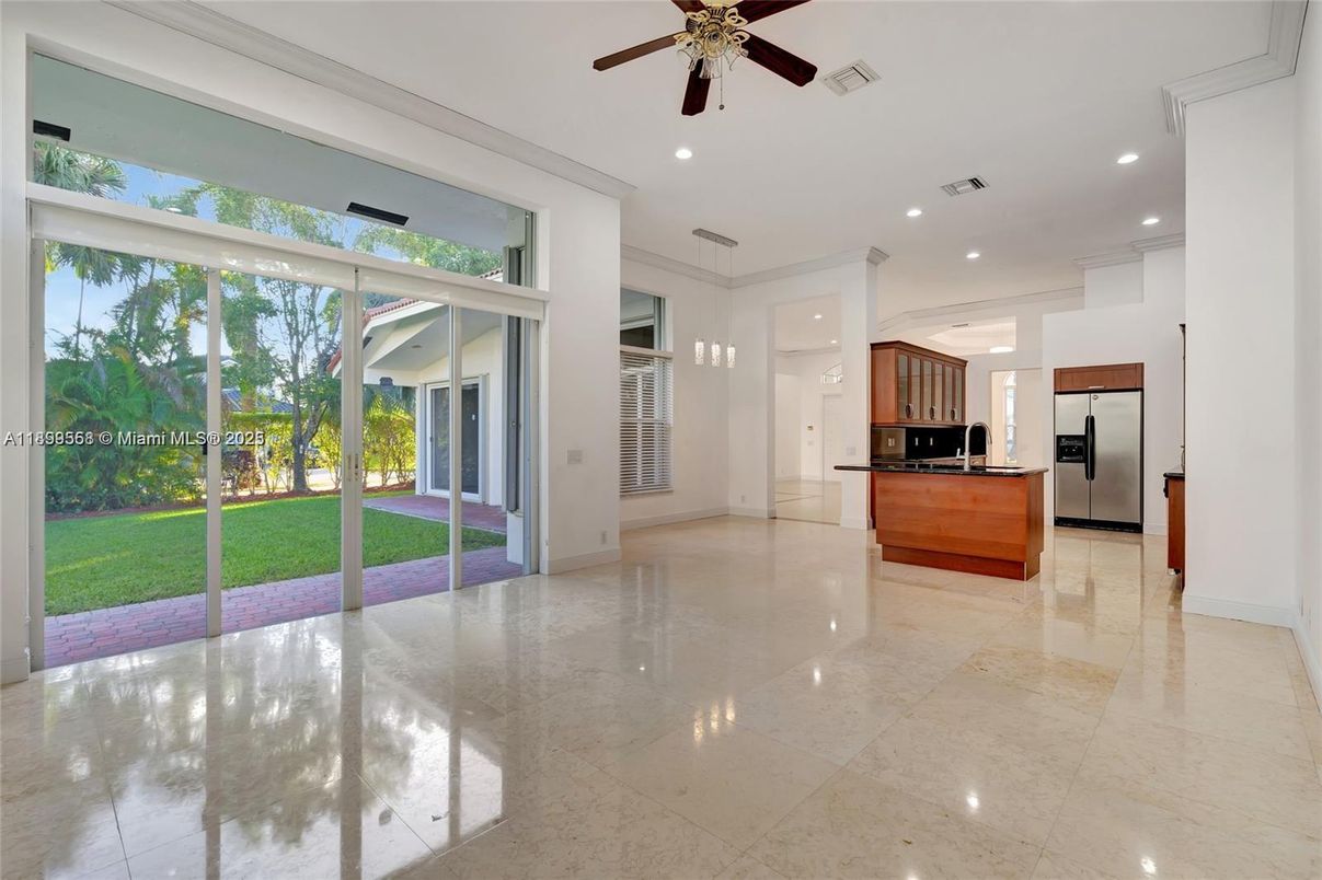 Empty room, Interior, Kitchen, Pendant Lights, Recessed Lighting, Stainless Steel Appliances