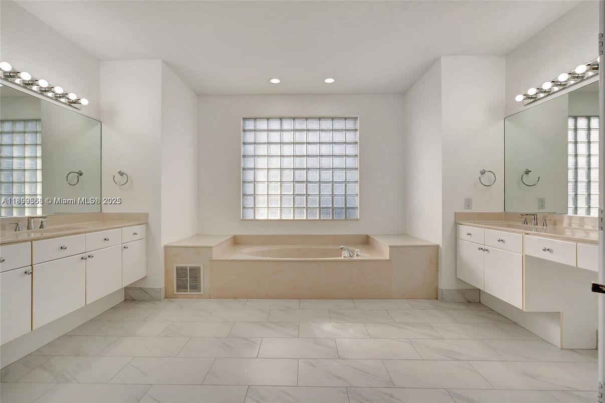 Bathroom, Dual Sink Vanities, Interior, Marble, Recessed Lighting