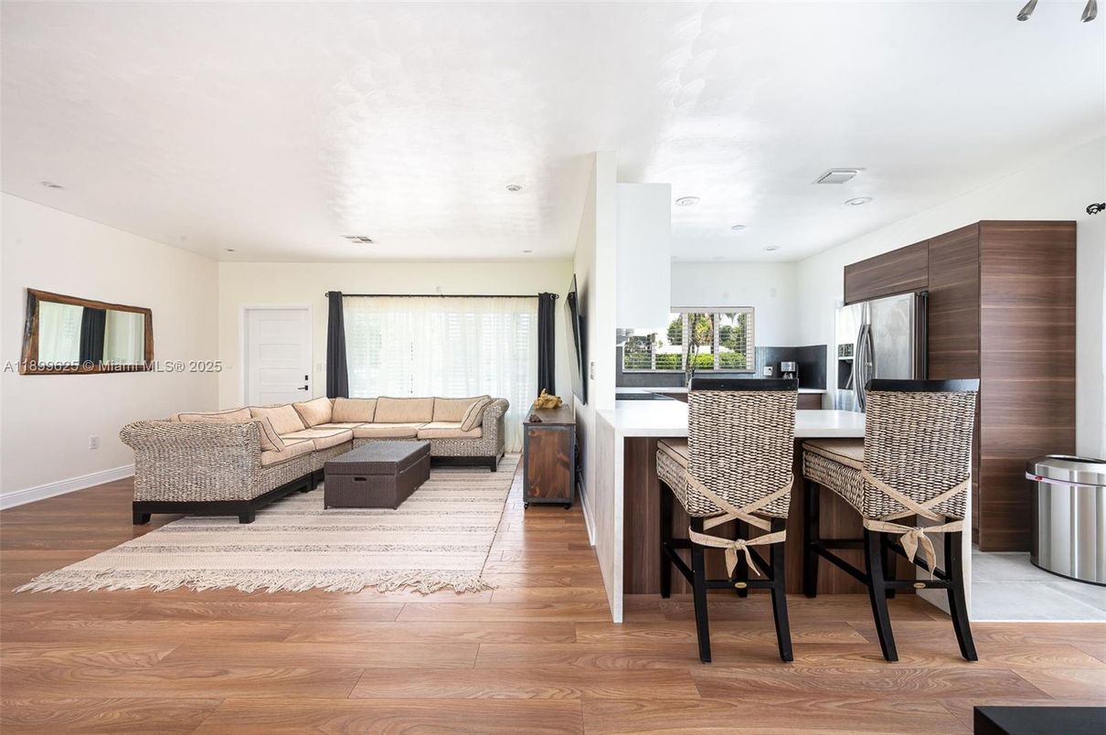 Interior, Kitchen, Living room, Recessed Lighting, Stainless Steel Appliances, Wood Texture Flooring