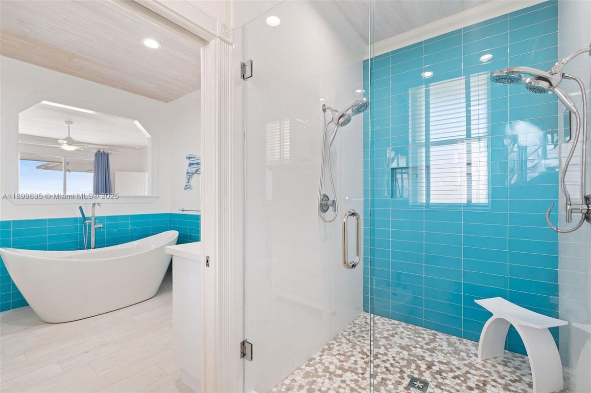Bathroom, Free Standing Baths, Glass Shower, Interior, Recessed Lighting