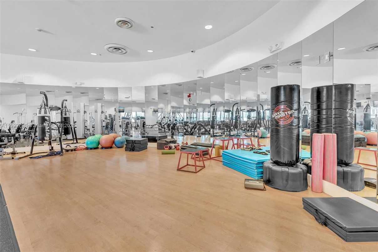 Fitness Equipment, Gym, Interior, Recessed Lighting, Wood Texture Flooring