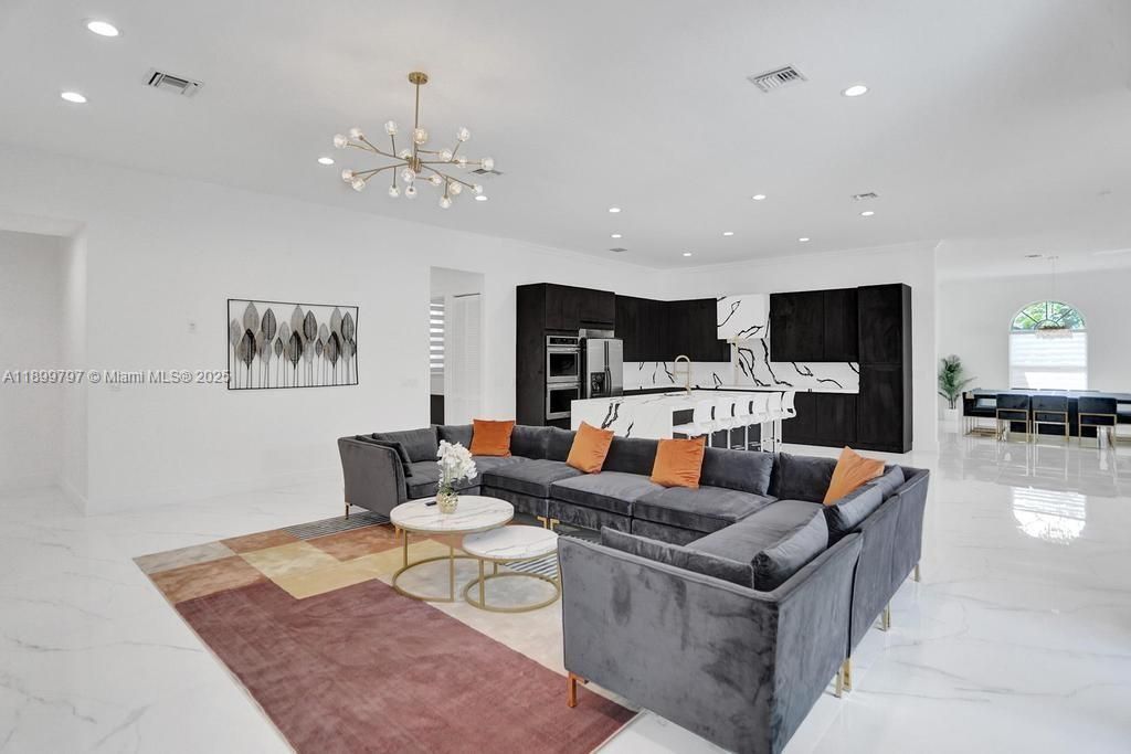 Interior, Kitchen, Living room, Marble, Pendant Lights, Recessed Lighting, Stainless Steel Appliances