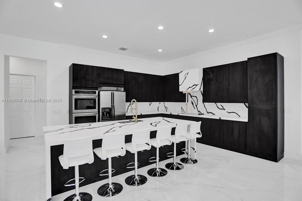 Interior, Kitchen, Marble, Recessed Lighting, Stainless Steel Appliances