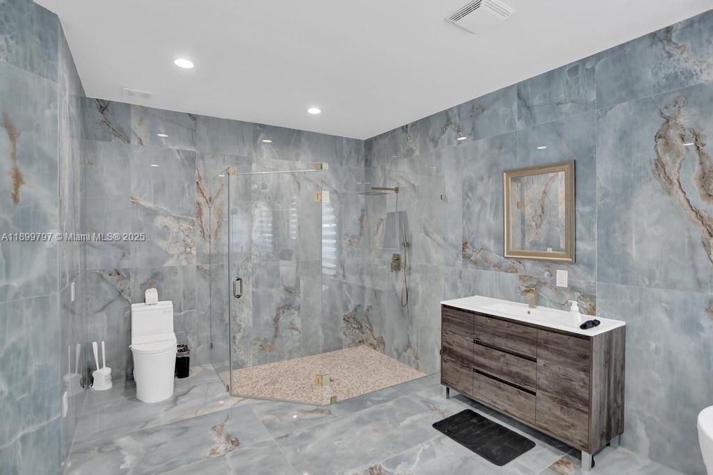 Bathroom, Glass Shower, Interior, Marble Walls, Recessed Lighting