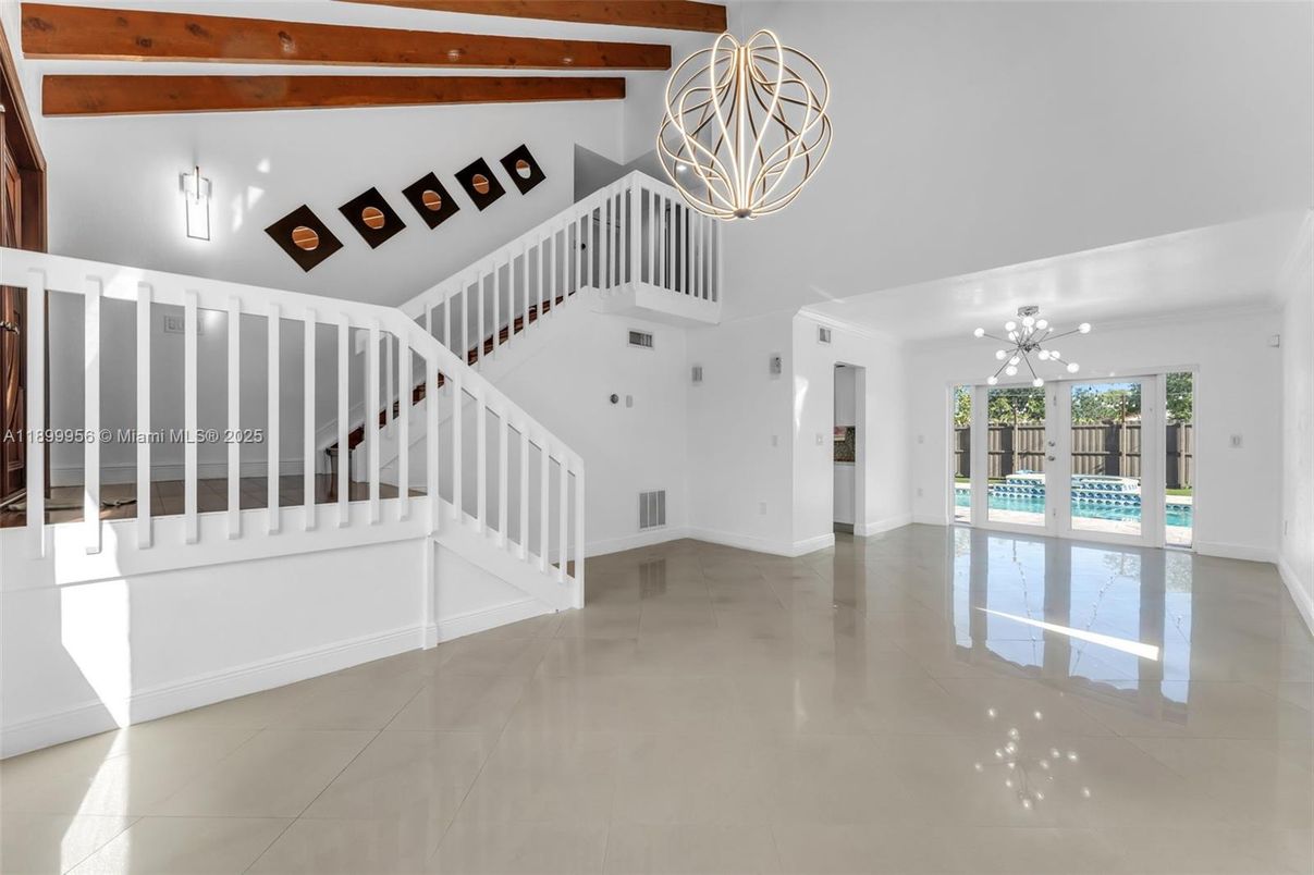 Chandelier, Empty room, Interior, Pendant Lights, Wooden Beams