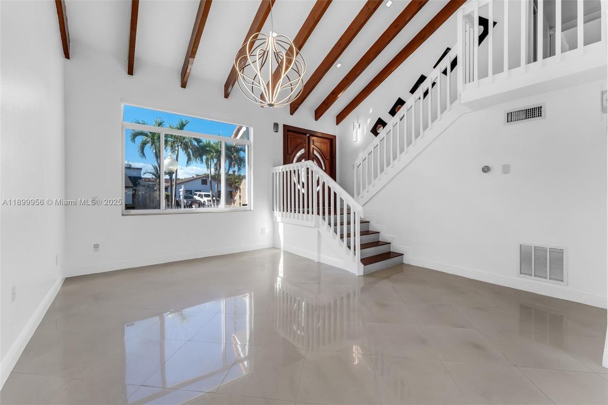 Chandelier, Empty room, Interior, Pendant Lights, Recessed Lighting, Wooden Beams
