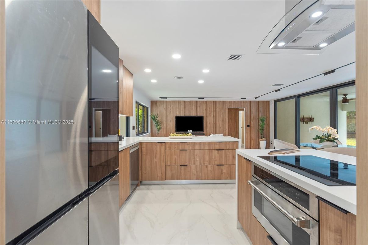 Interior, Kitchen, Marble, Recessed Lighting, Stainless Steel Appliances, Wooden Walls