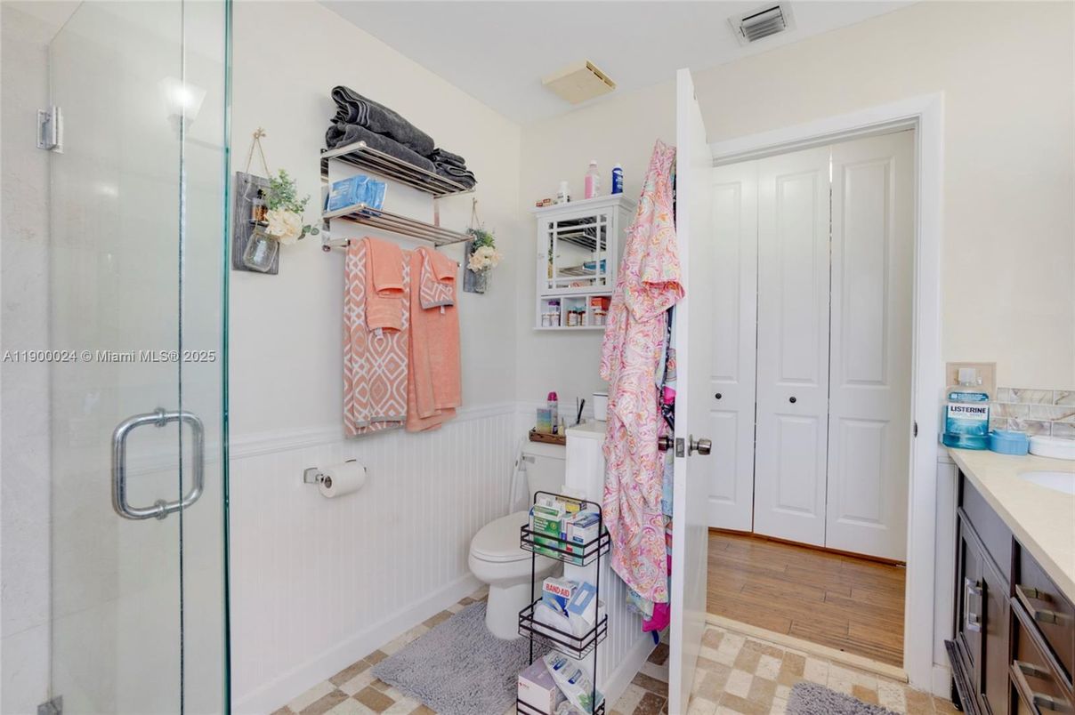 Bathroom, Glass Shower, Interior, Wood Texture Flooring