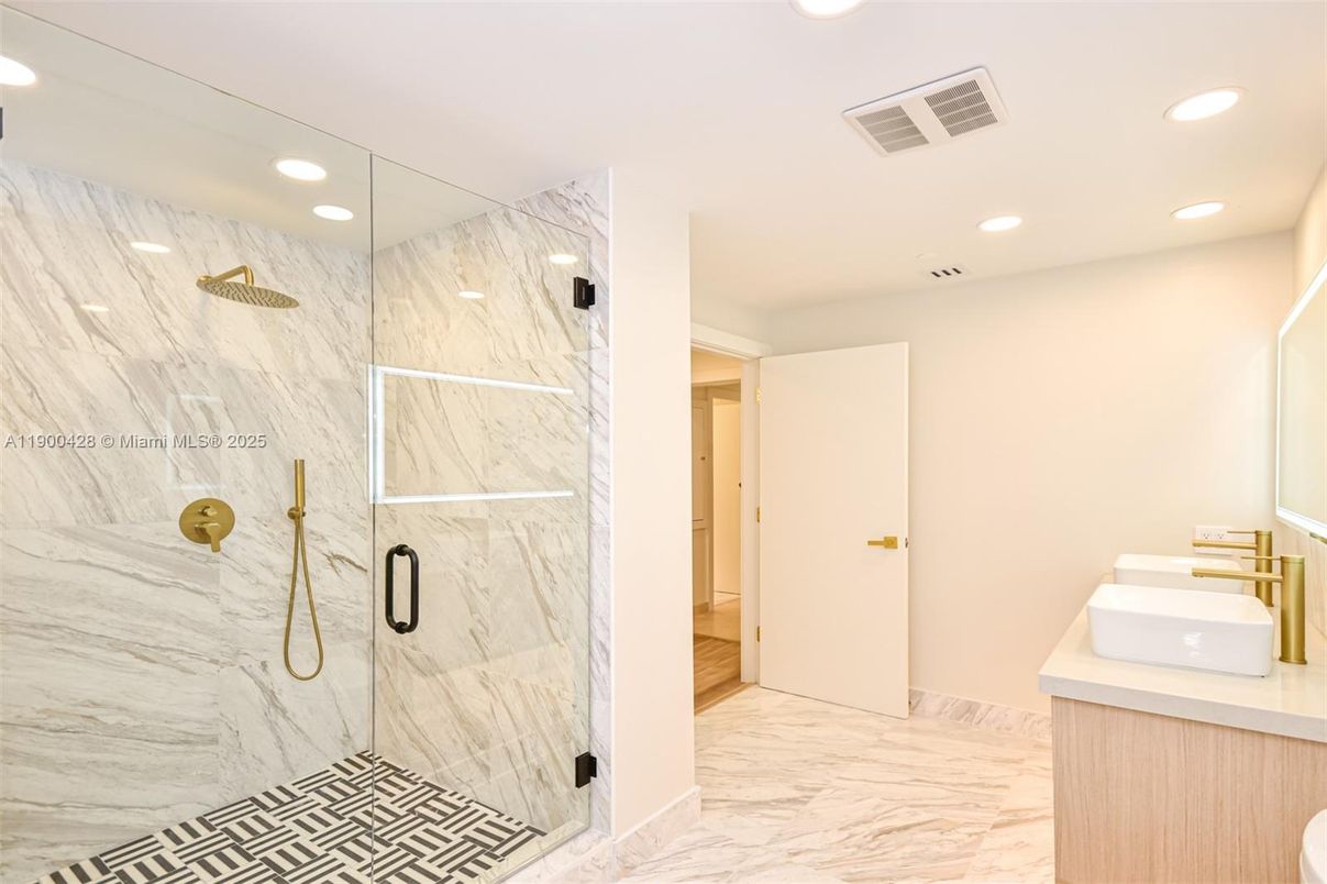 Bathroom, Glass Shower, Interior, Marble, Marble Walls, Recessed Lighting
