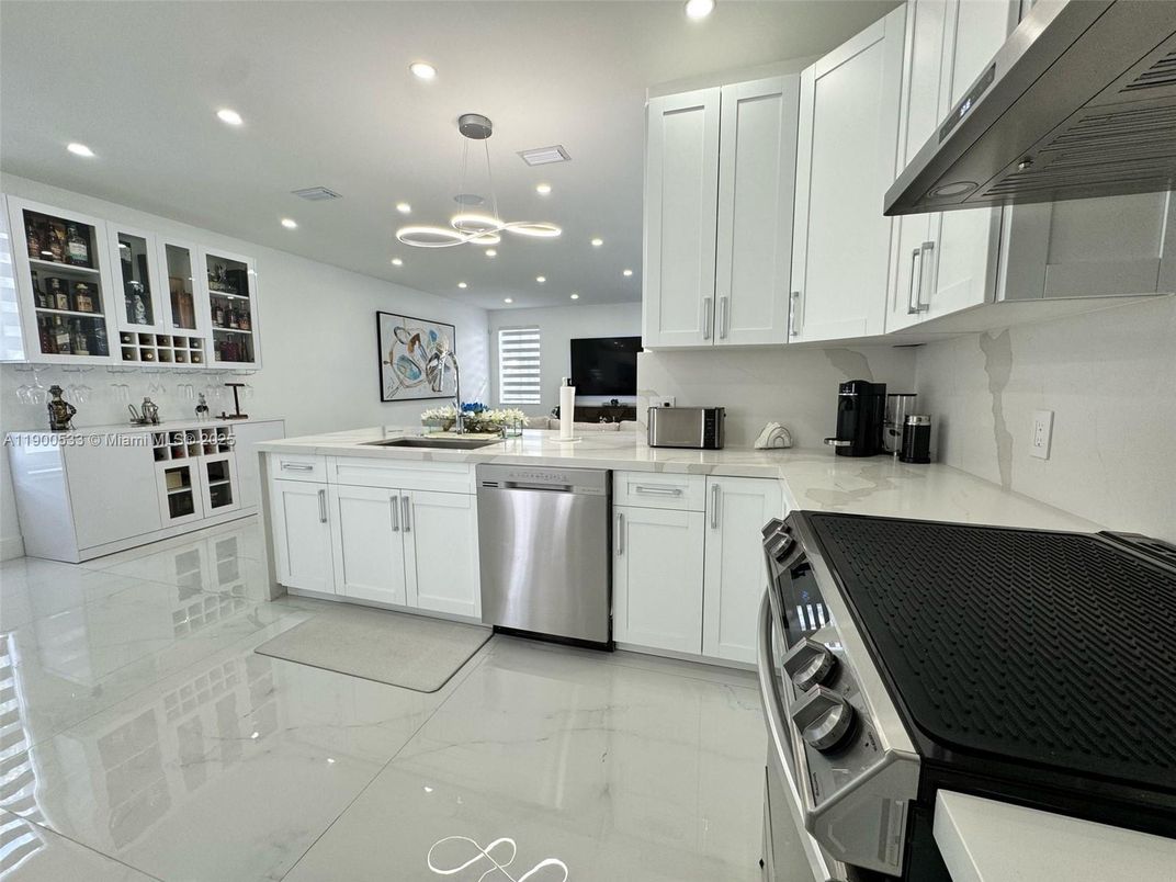 Interior, Kitchen, Marble, Pendant Lights, Recessed Lighting, Stainless Steel Appliances