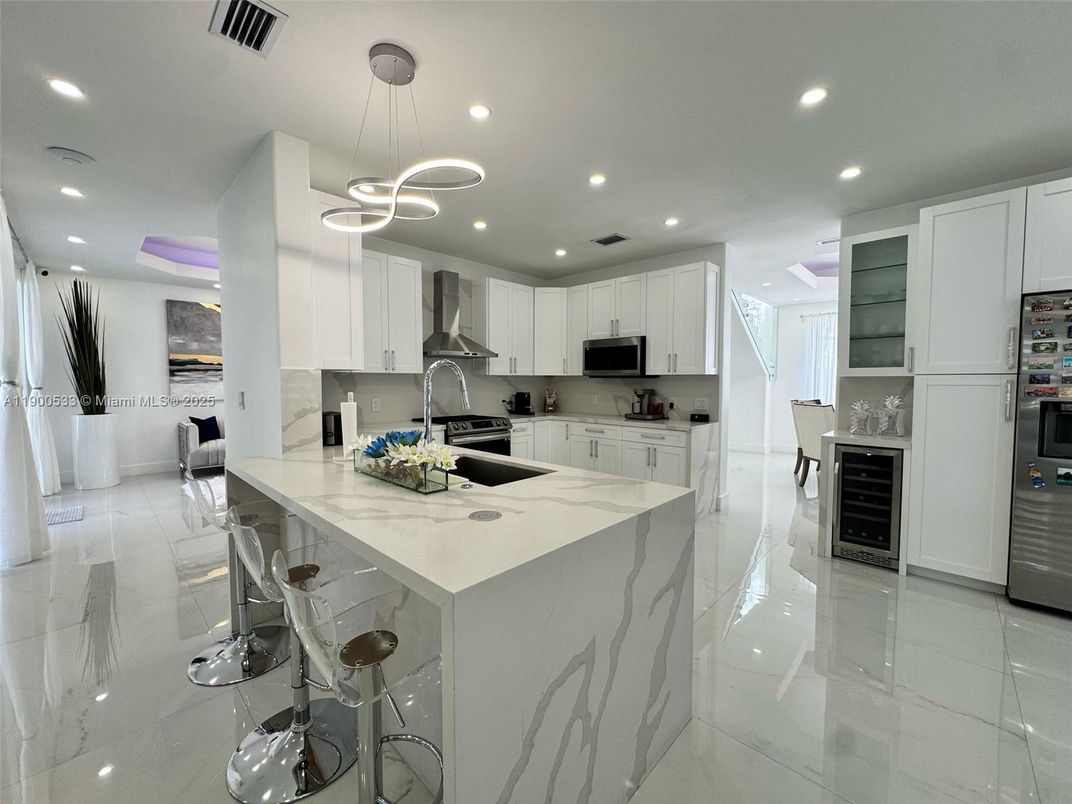Interior, Kitchen, Marble, Pendant Lights, Recessed Lighting, Stainless Steel Appliances