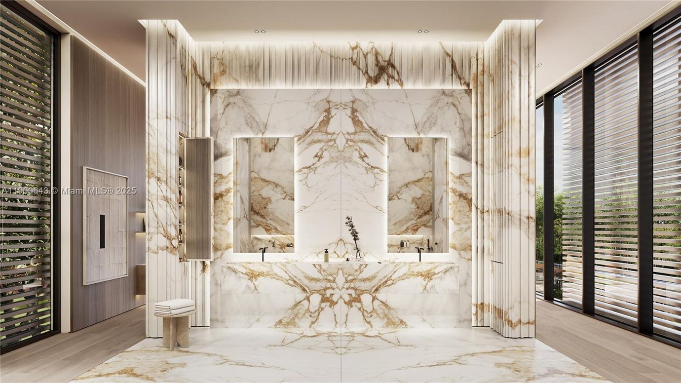 Bathroom, Interior, Marble, Marble Walls, Recessed Lighting, Wood Texture Flooring