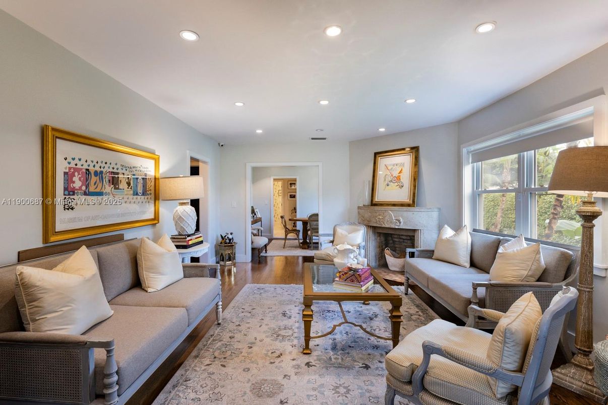 Fireplace, Interior, Living room, Recessed Lighting, Wood Texture Flooring