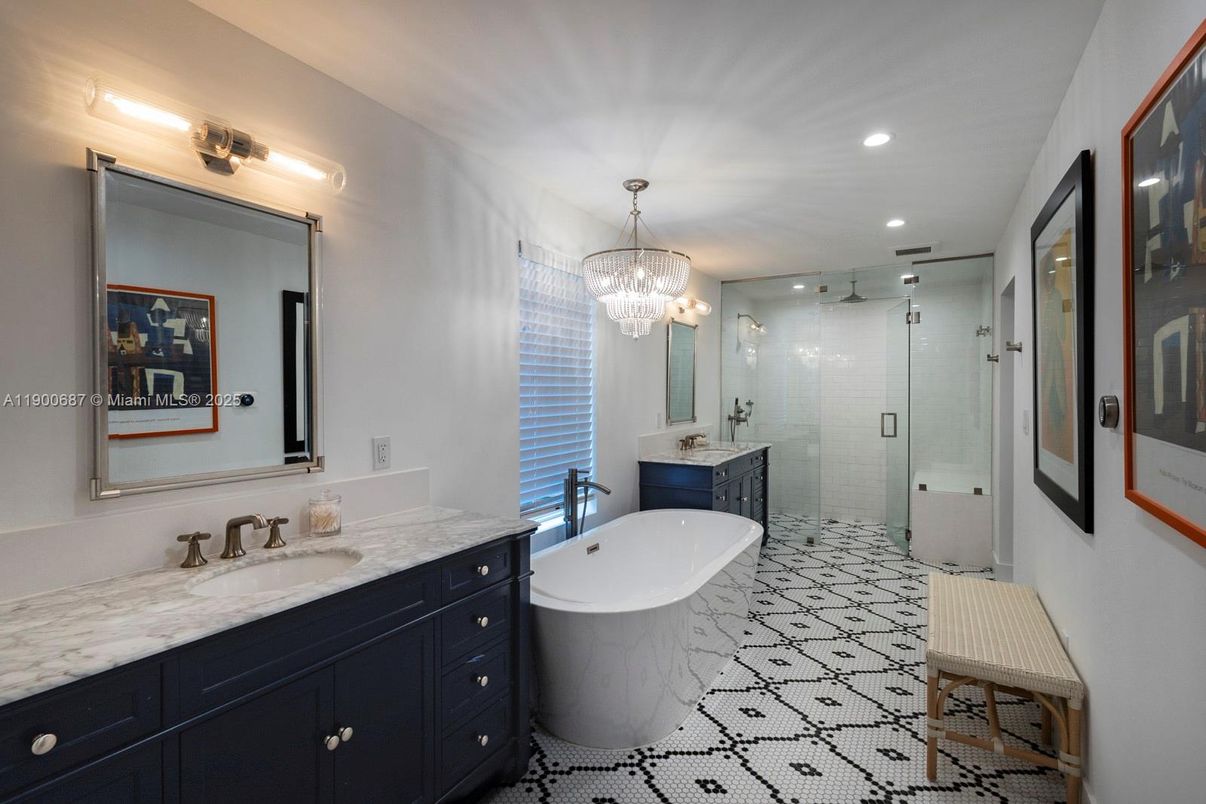 Bathroom, Chandelier, Dual Sink Vanities, Glass Shower, Interior, Recessed Lighting