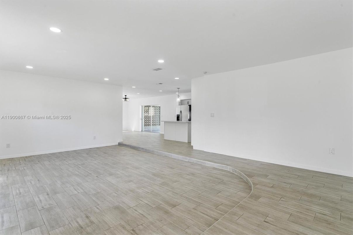 Empty room, Interior, Kitchen, Recessed Lighting, Wood Texture Flooring