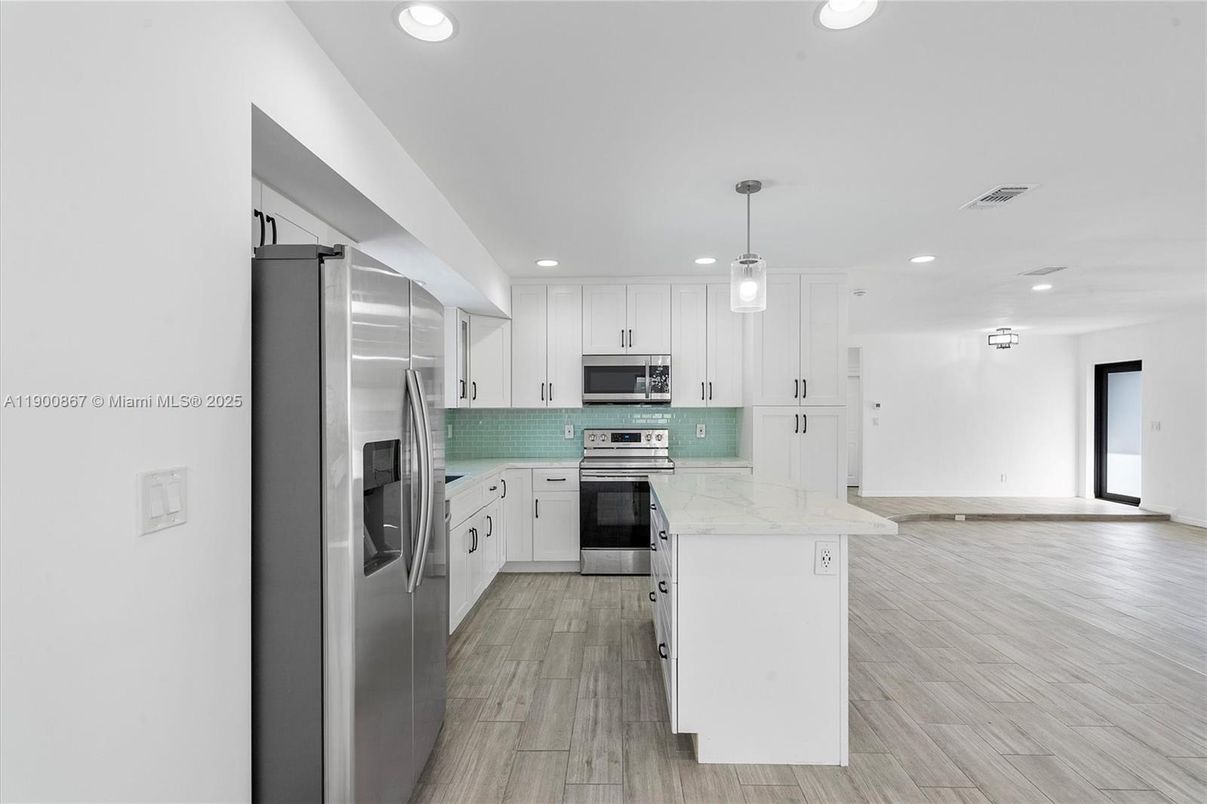 Interior, Kitchen, Pendant Lights, Recessed Lighting, Stainless Steel Appliances, Wood Texture Flooring