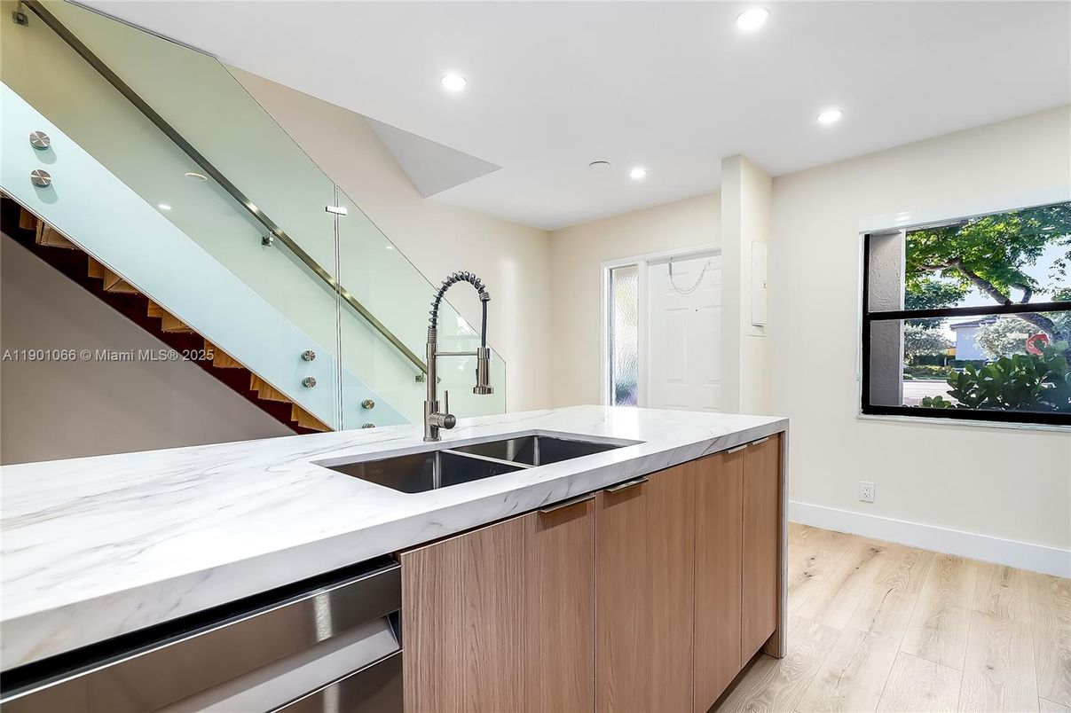 Interior, Kitchen, Recessed Lighting, Stainless Steel Appliances, Wood Texture Flooring