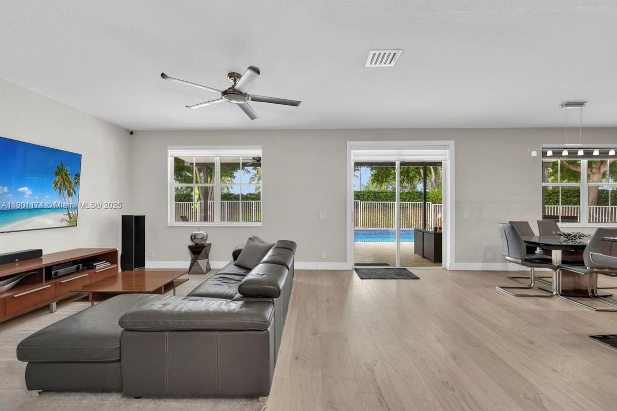 Dining room, Interior, Living room, Pendant Lights, Wood Texture Flooring