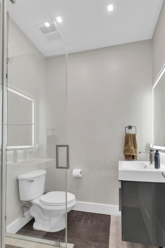 Bathroom, Glass Shower, Interior, Recessed Lighting, Wood Texture Flooring