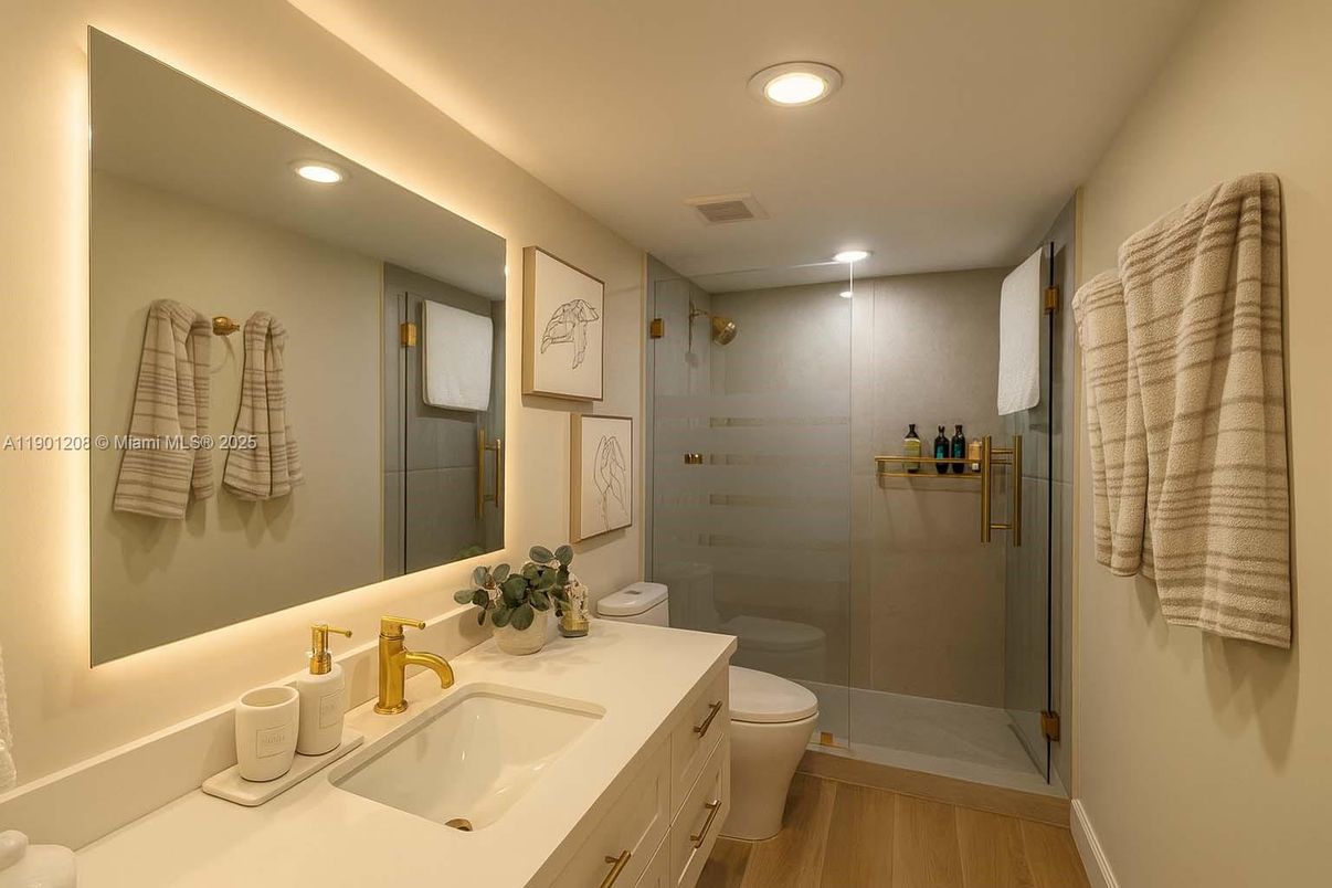Bathroom, Dual Sink Vanities, Glass Shower, Interior, Recessed Lighting, Wood Texture Flooring