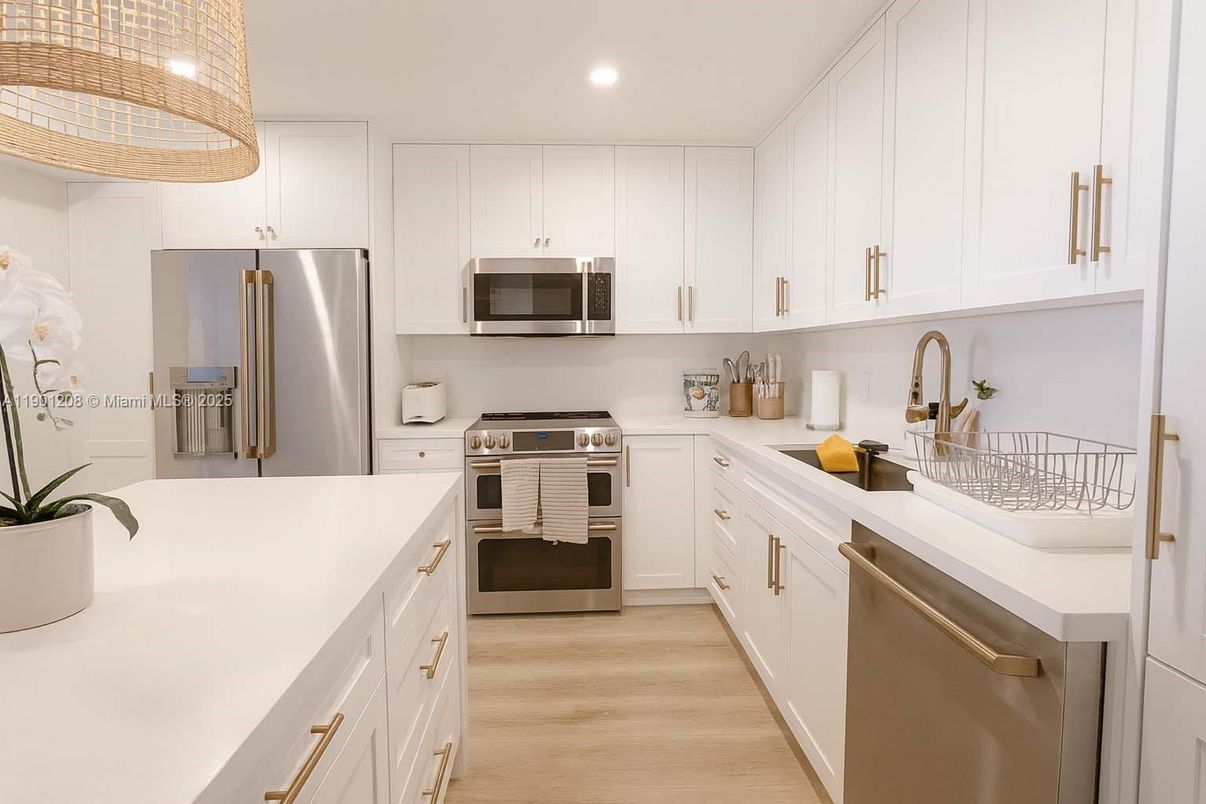Interior, Kitchen, Recessed Lighting, Stainless Steel Appliances, Wood Texture Flooring