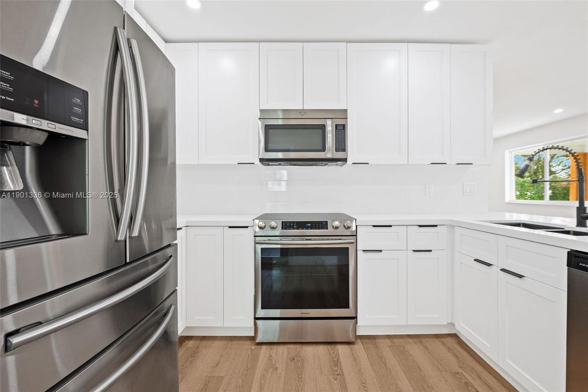 Interior, Kitchen, Recessed Lighting, Stainless Steel Appliances, Wood Texture Flooring