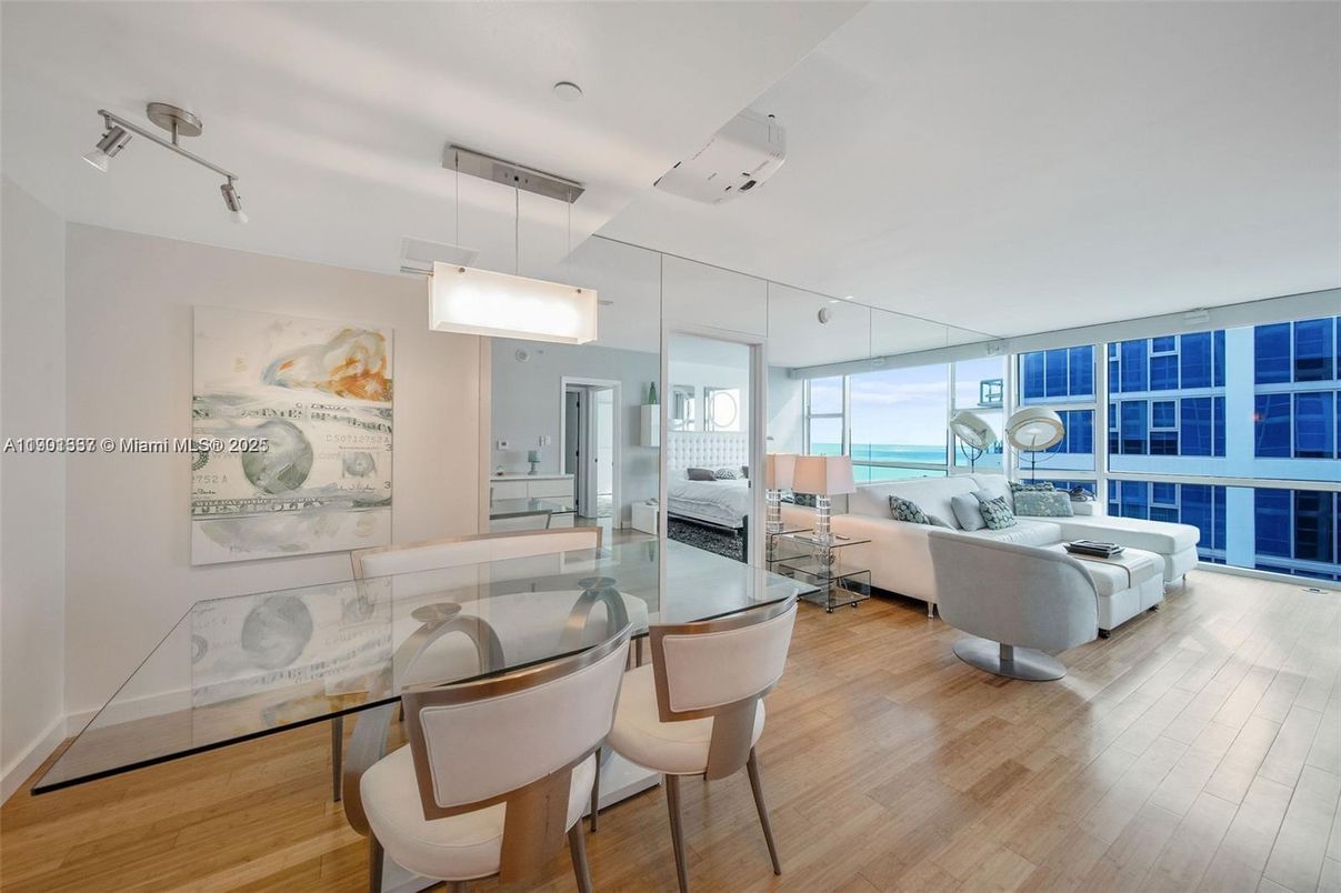 Dining room, Interior, Living room, Pendant Lights, Water, Wood Texture Flooring