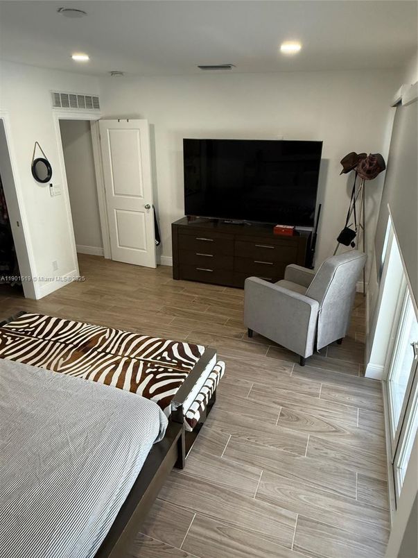 Bedroom, Interior, Recessed Lighting, Wood Texture Flooring