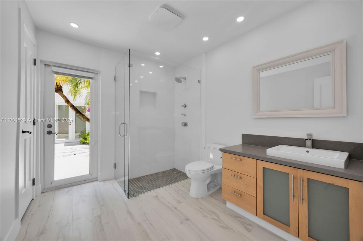 Bathroom, Glass Shower, Interior, Marble, Recessed Lighting, Wood Texture Flooring