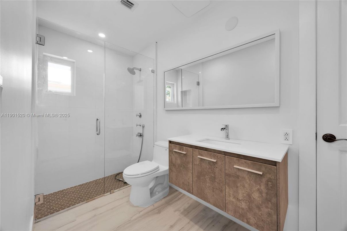Bathroom, Glass Shower, Interior, Recessed Lighting, Wood Texture Flooring