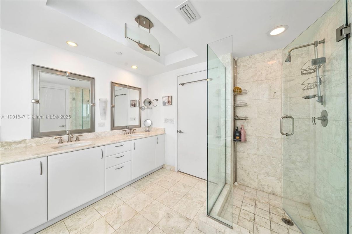 Bathroom, Dual Sink Vanities, Glass Shower, Interior, Recessed Lighting