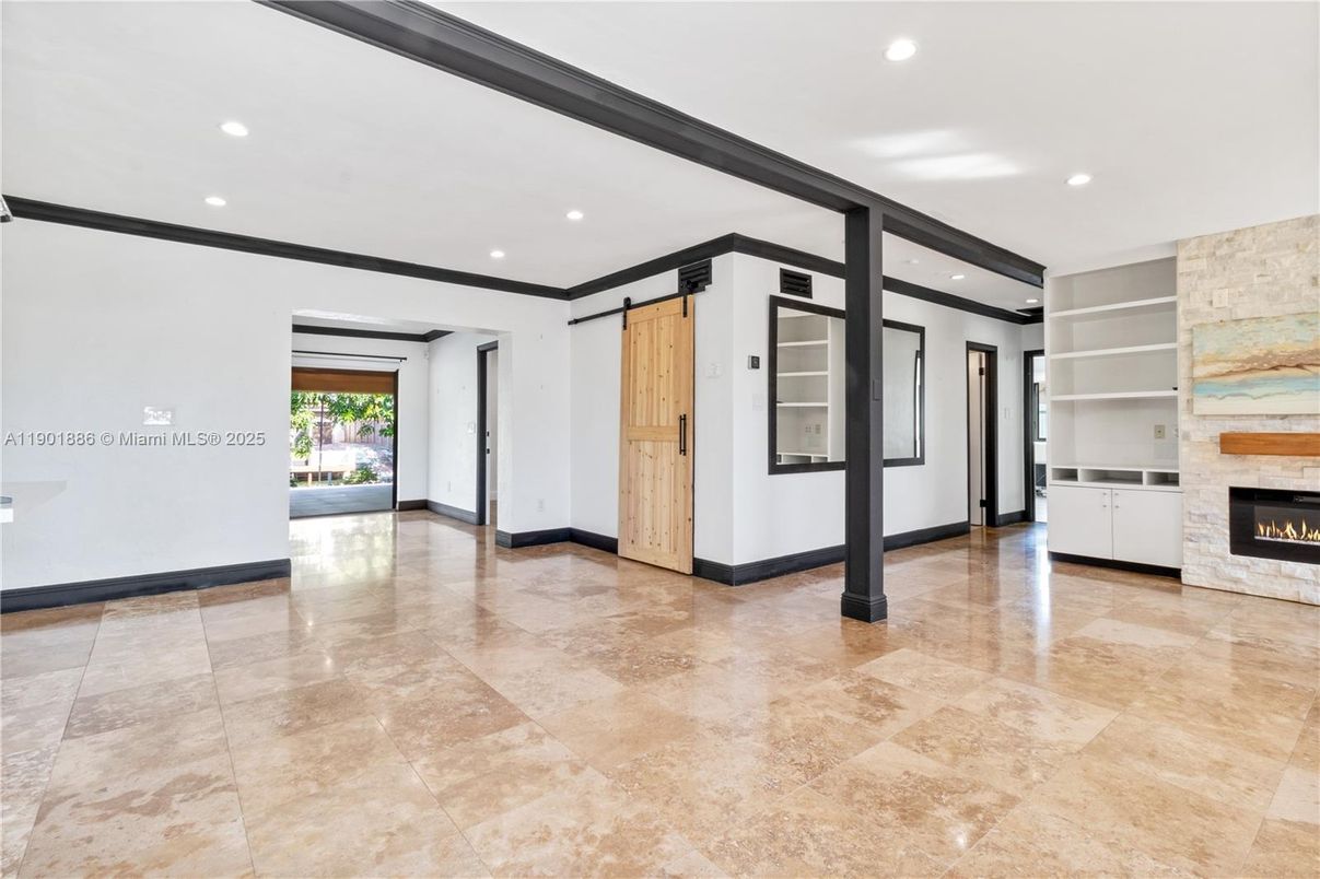 Empty room, Fireplace, Interior, Recessed Lighting, Stone Walls