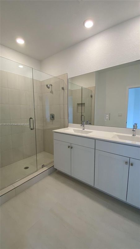 Bathroom, Dual Sink Vanities, Glass Shower, Interior, Recessed Lighting