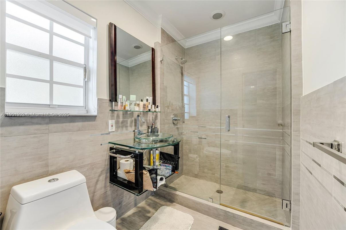 Bathroom, Glass Shower, Interior, Recessed Lighting, Wood Texture Flooring