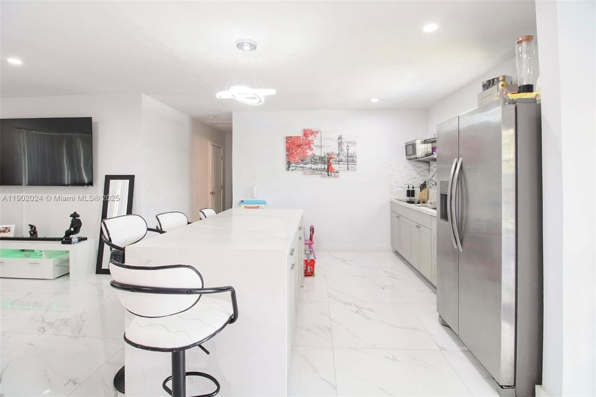 Interior, Kitchen, Marble, Pendant Lights, Recessed Lighting, Stainless Steel Appliances