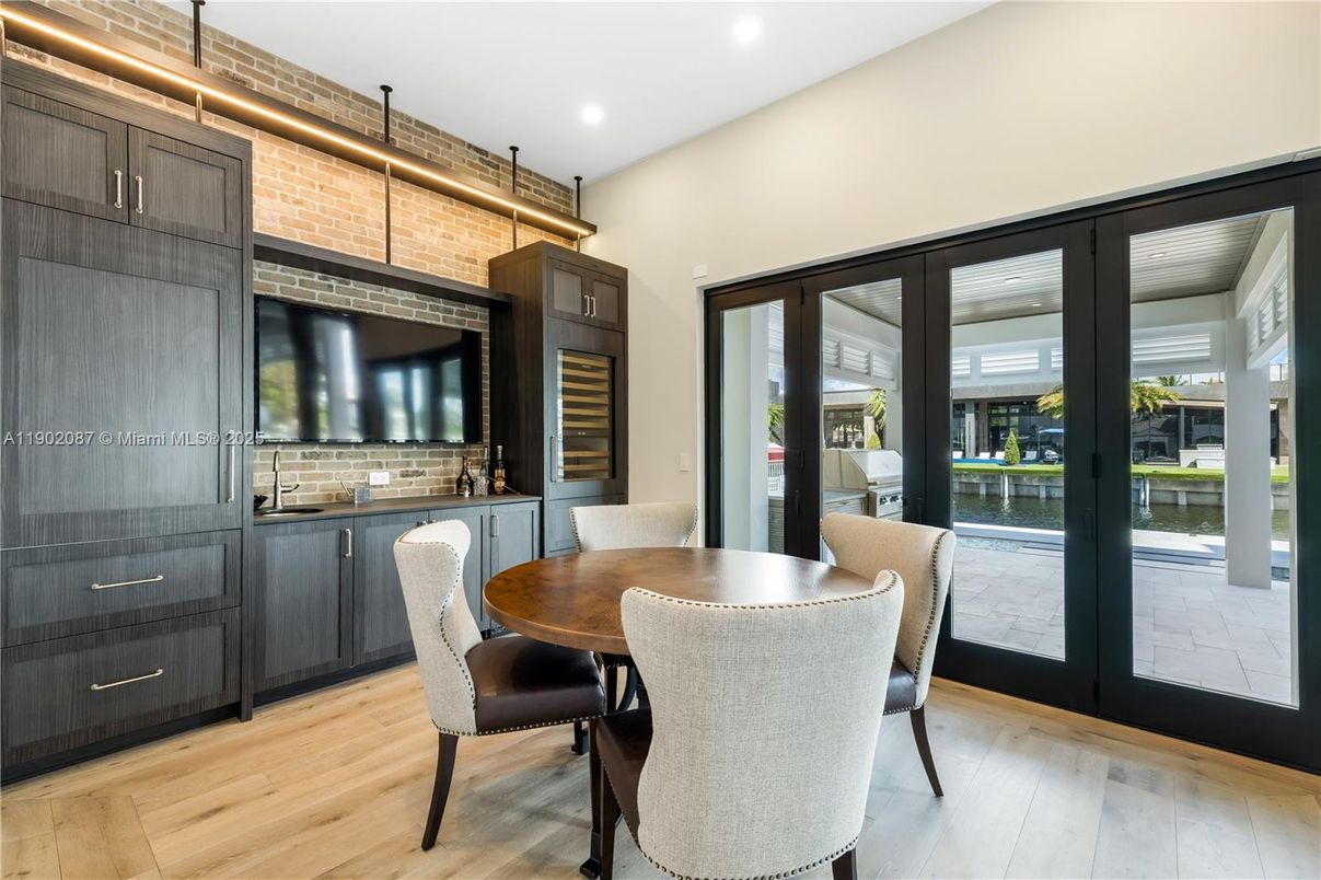 Dining room, Interior, Recessed Lighting, Stone Walls, Wood Texture Flooring