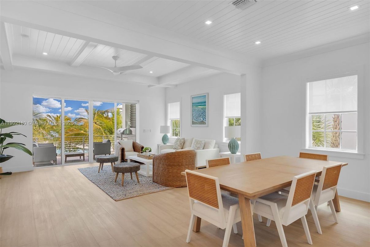 Dining room, Interior, Living room, Recessed Lighting, Wood Texture Flooring